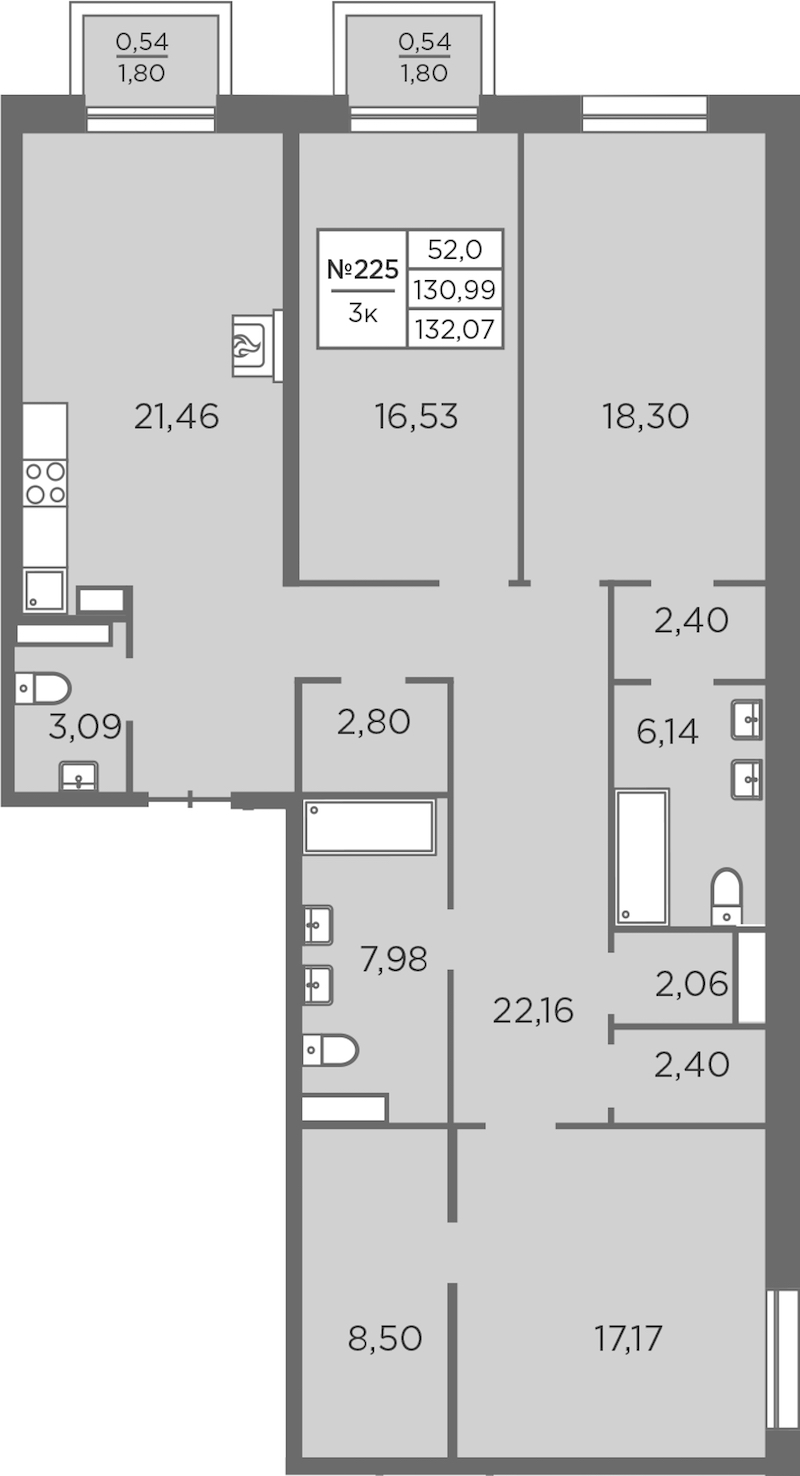 3-комнатная квартира 132.07 м², 8/8 эт., ЖК «Северная Корона»